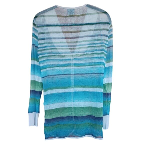 Tribal Women's Cardigan Medium Blue Cream Striped Crinkle Sheer Longline V Neck - Picture 2 of 5